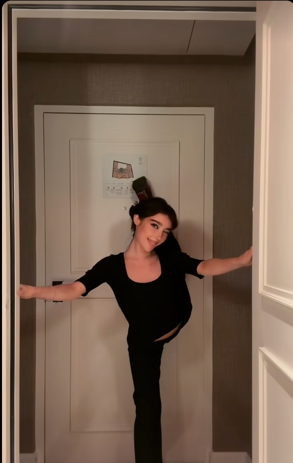 Olivia Cotter @gr8gatsbi doing a vertical split in red-soled heels against a hotel door